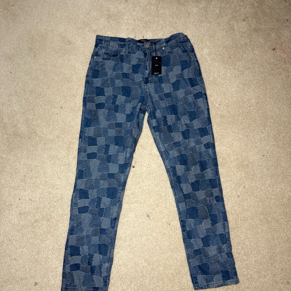 Forever 21 checkered 34” slim blue jeans